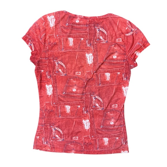 Y2K So Cool Red Denim Pocket Print Lace-up V Neckline Baby Tee Top Size Small - Picture 4 of 8